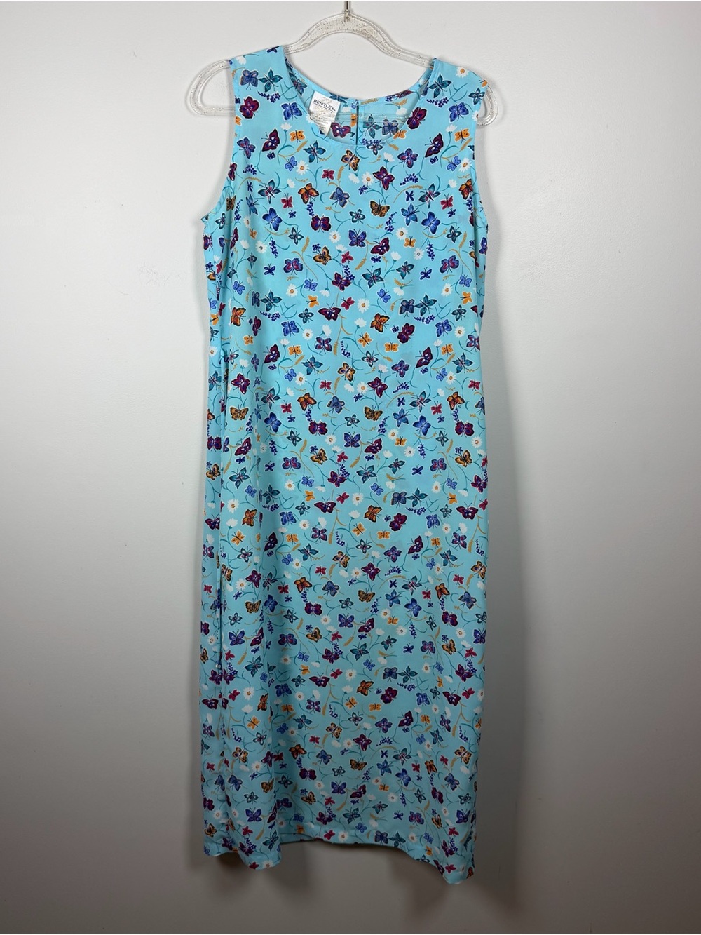 Vintage 90s Blue Butterfly Sleeveless Maxi Dress Whimsical Summer Sundress 14
